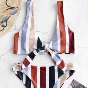 Zaful colorful striped tie front bikini set